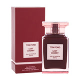 Tom Ford Lost Cherry Eau de Parfum 100ml — deep burgundy unisex luxury perfume bottle and matching red gift box, long lasting oriental gourmand fragrance on white background

