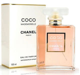 Chanel Coco Mademoiselle Eau de Parfum 100ml bottle and box — long lasting luxury perfume for women, pink flacon with gold cap on white background

